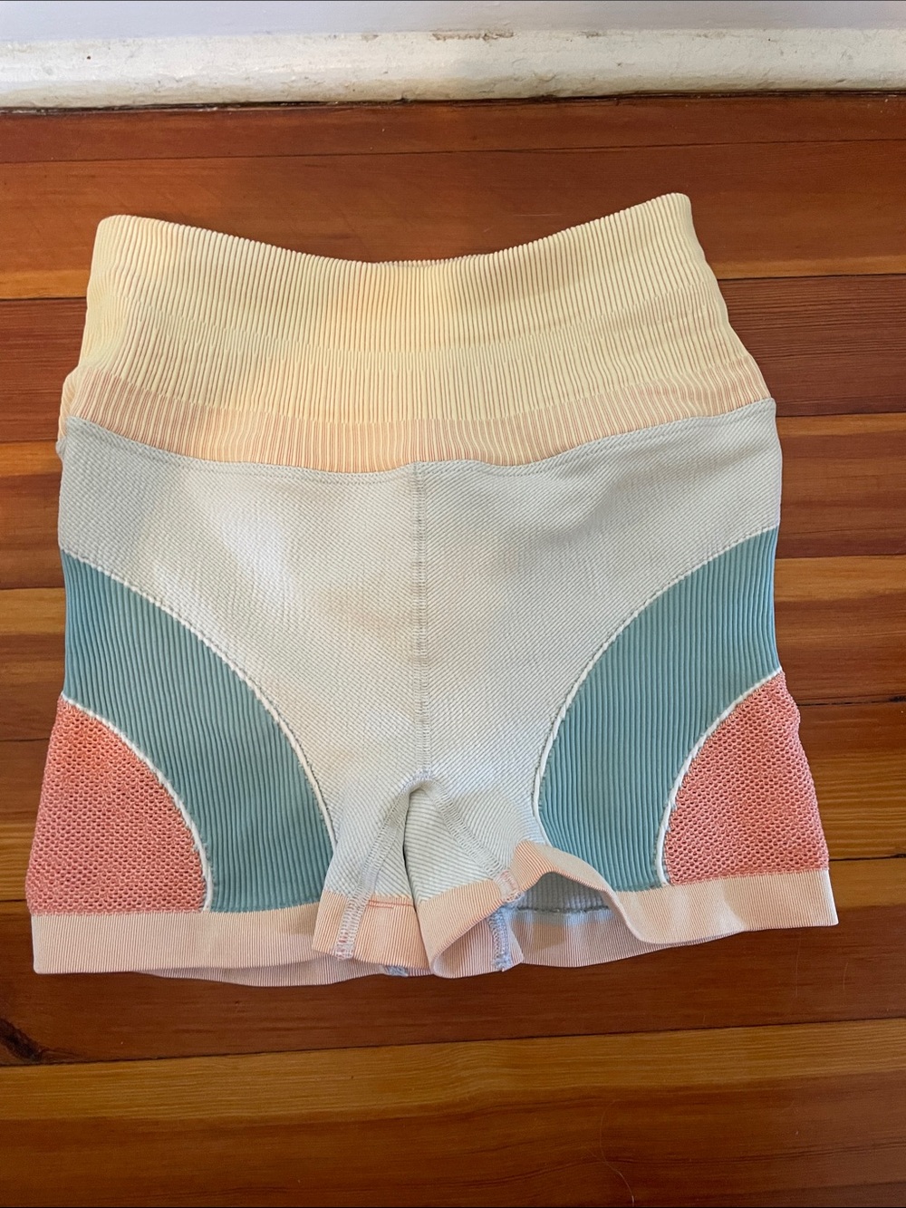 Free People Colorblock High-Rise Bike Shorts in Cream, Teal & Peach